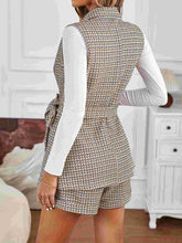 Tied Plaid Collared Neck Vest and Shorts Set OutfitFlow